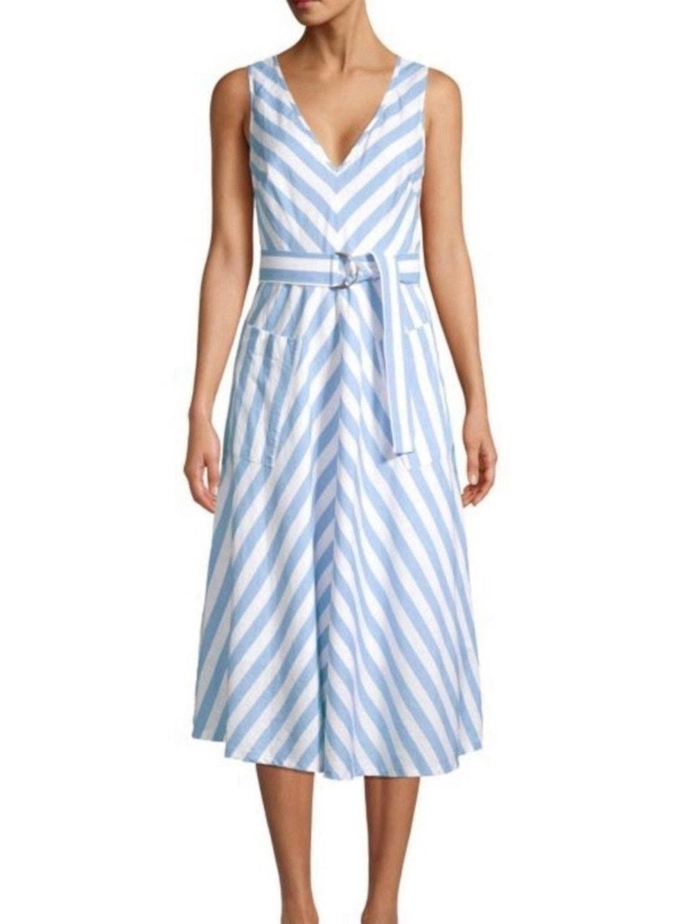 Kate Spade  V-Neck Blue and White Striped Midi Dress with Belt Sz 0 NWOT
